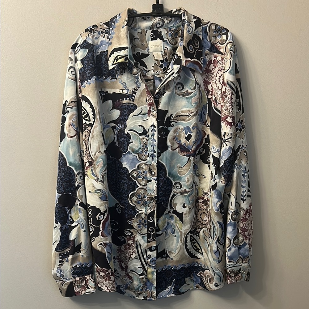 Chico's Blue and Black Patterned Shirt